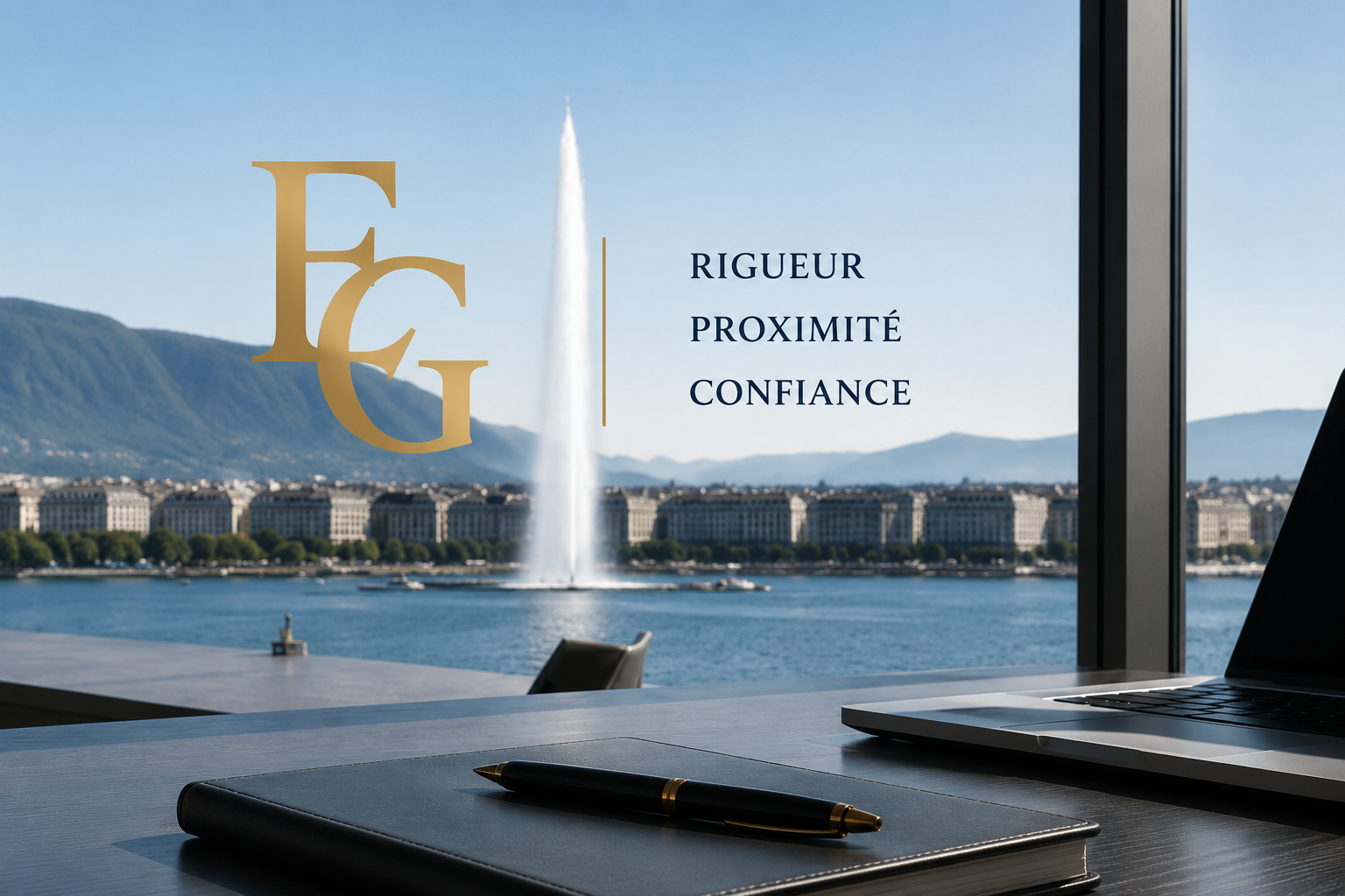 Vue sur le Jet d'eau de Genève depuis un bureau